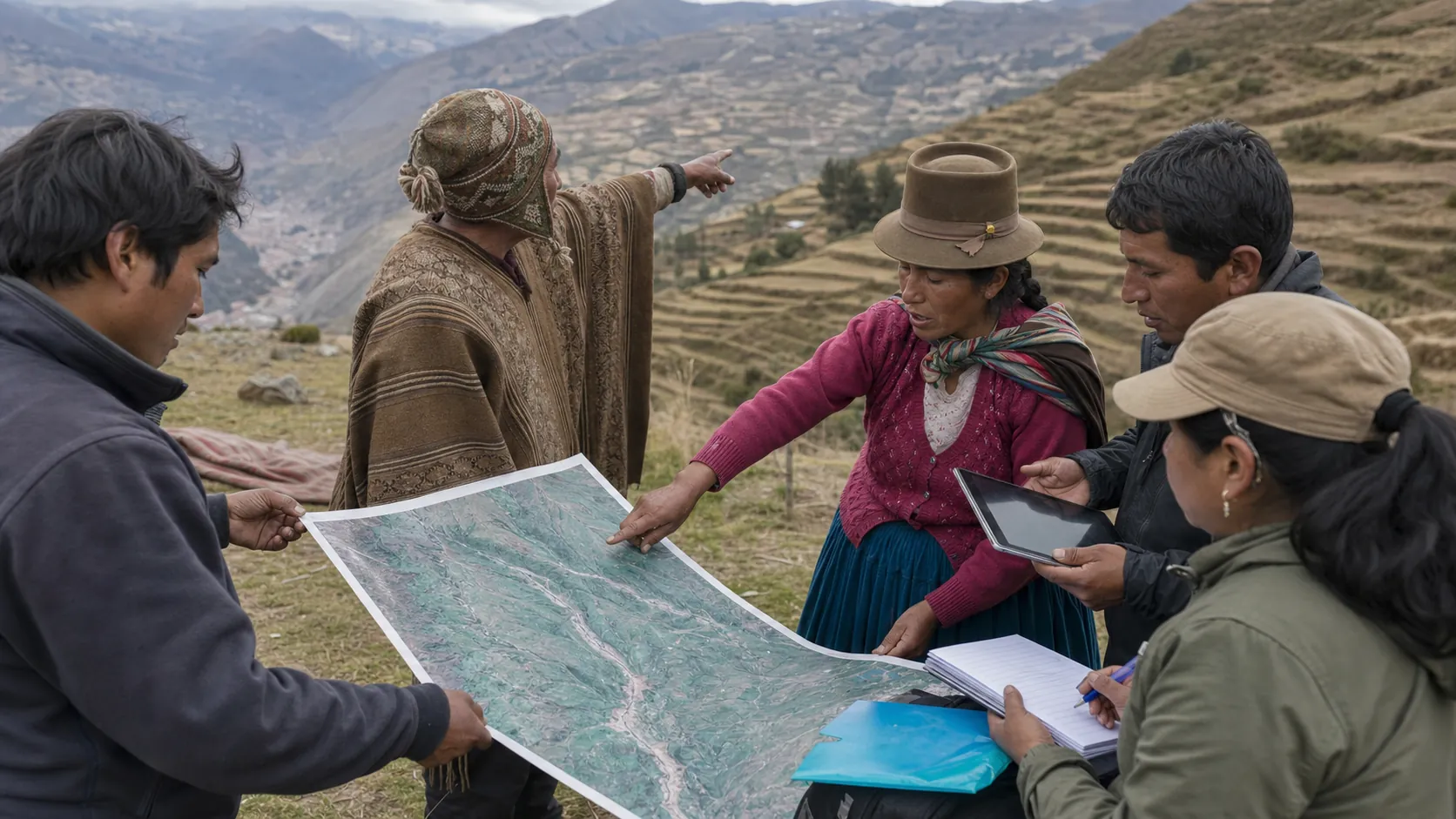 Equipo técnico y comuneros andinos revisan un mapa del territorio en trabajo de campo